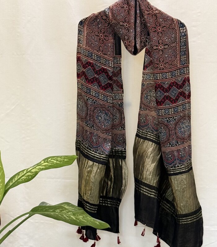 Handcrafted Ajrakh Print Dupatta with Golden Zari Border & Maroon Tassels – Cotton-Silk Blend