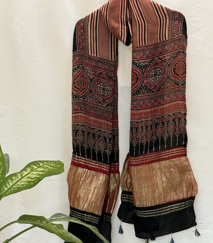 Traditional Ajrakh Hand block Printed Cotton-Silk Dupatta in Red & Black with Golden Zari Panels and Blue Tassels