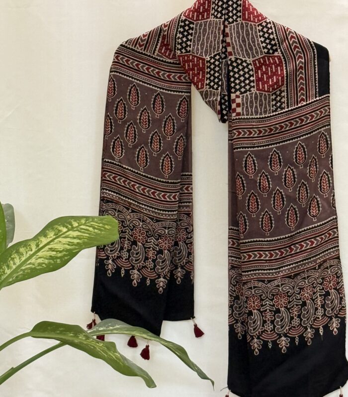 Handcrafted Ajrakh Block Print Dupatta in Maroon & Black with Tassels – Cotton-Silk Blend