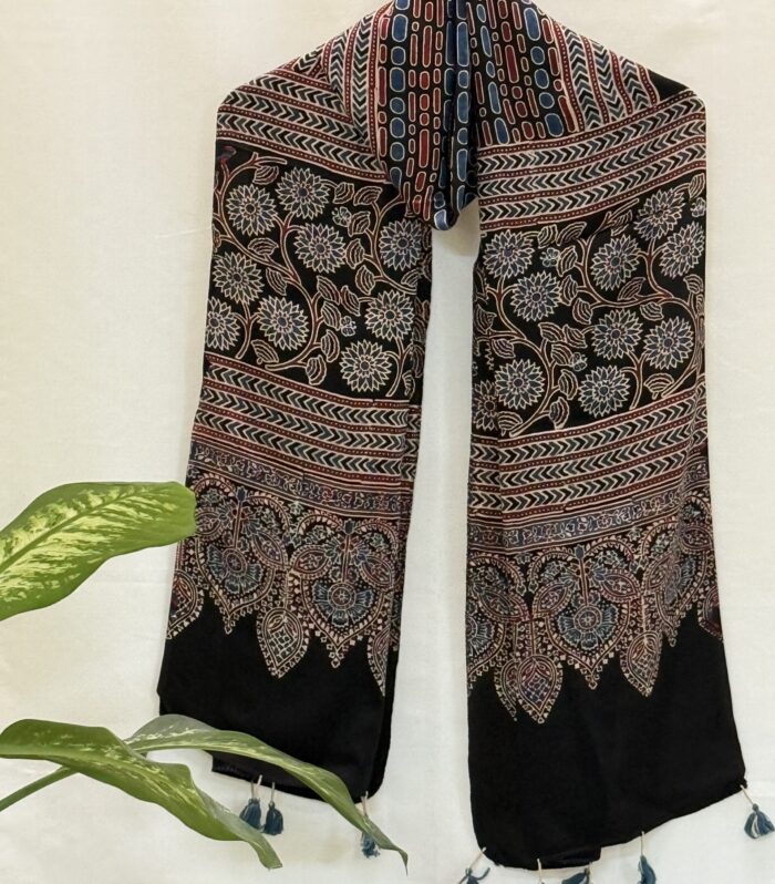 Handcrafted Black Ajrakh Print Dupatta with Blue Tassels – Cotton-Silk Blend