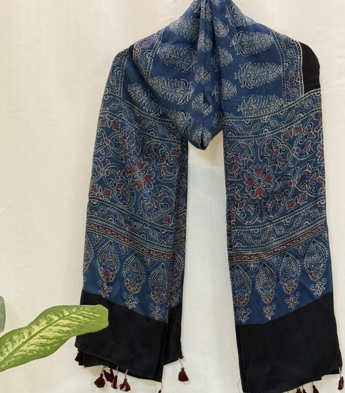 Handcrafted Blue Ajrakh Print Dupatta with Maroon Tassels – Cotton-Silk Ethnic Wrap