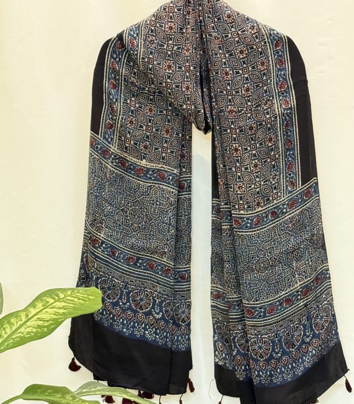 Handcrafted Ajrakh Block Printed Cotton-Silk Dupatta in Indigo Blue & Maroon with Geometric Floral Patterns and Maroon Tassels