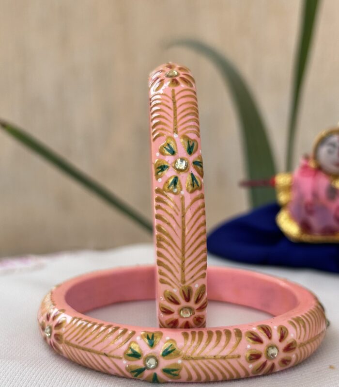 Jaipuri Handmade Hand-Painted Lac Bangles – Pink Floral Design with Golden Detailing and Stone Accents