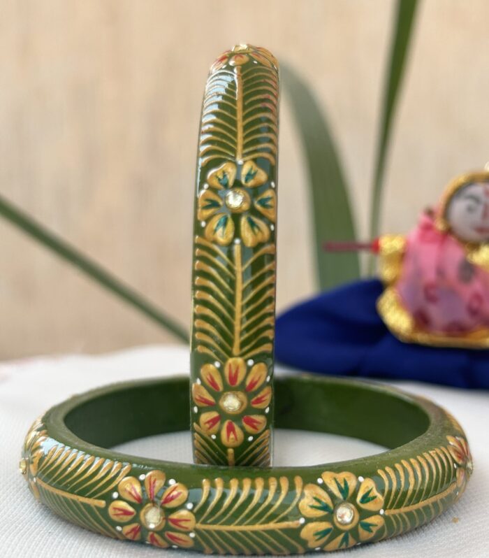 Jaipuri Handmade Hand-Painted Lac Bangles – Green Floral Design with Golden Detailing and Stone Accents