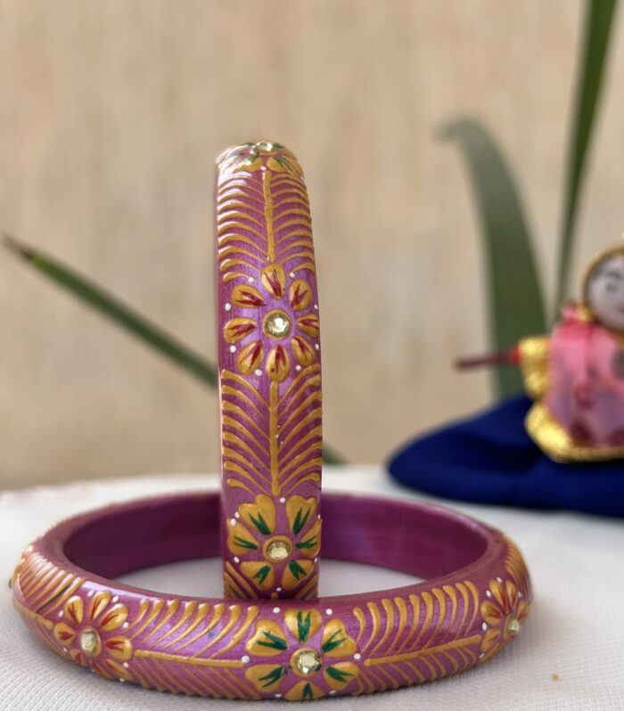 Jaipuri Handmade Hand-Painted Lac Bangles – Pink Floral Design with Golden Detailing and Stone Accents.