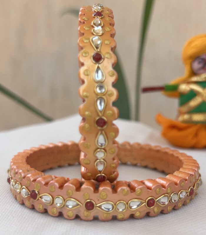 Handmade Jaipur Lac Bangles, Traditional Hand-Painted Beige Bangles with Kundan & Red Gem Accents.