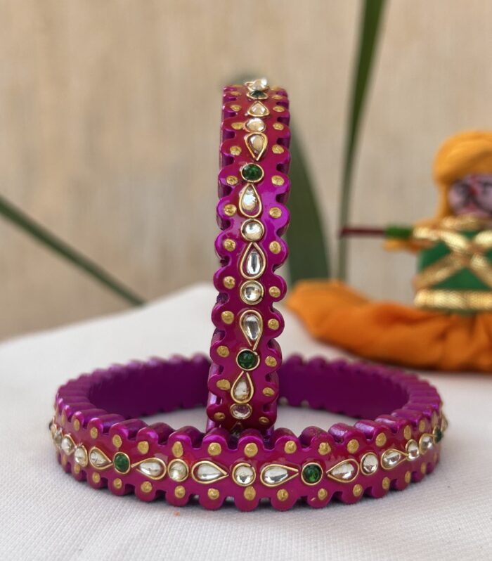 Handmade Jaipur Lac Bangles, Traditional Hand-Painted Fuchsia Bangles with Kundan & Red Gem Accents.