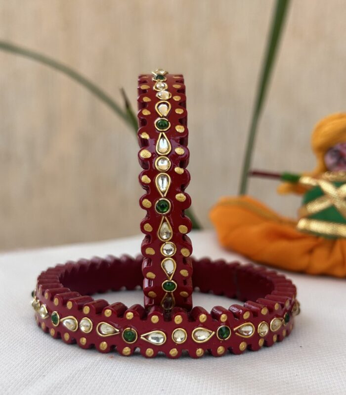 Handmade Jaipur Lac Bangles, Traditional Hand-Painted Red Bangles with Kundan & Red Gem Accents.