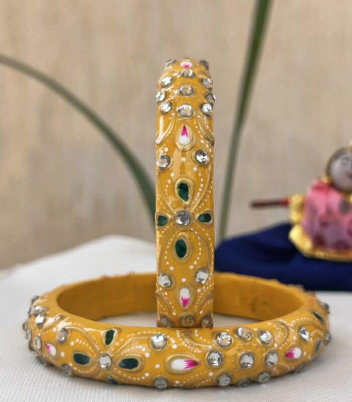 Jaipuri Handmade Hand-Painted Lac Bangles – Yellow with Kundan & Floral Design
