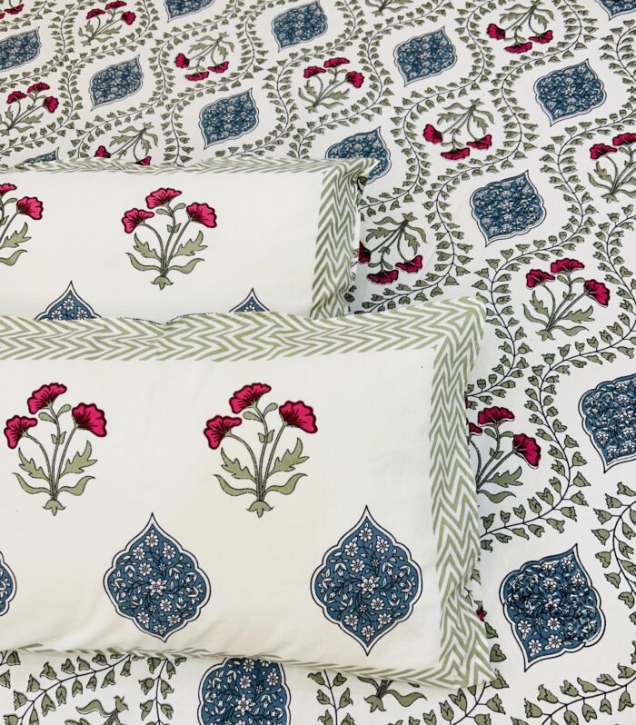 Jaipuri Hand Block Printed Floral Pure Cotton Bedsheet with Pillow Covers, Super King Size