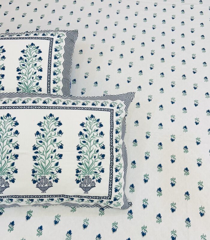 Jaipuri Hand Block Printed Floral Pure Cotton Bedsheet with Pillow Covers, King Size.