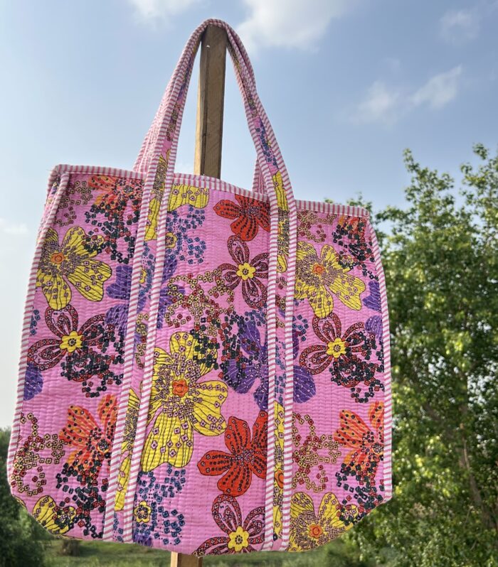 Jaipuri Handmade Floral Print Quilted Shopping Shoulder Bag, Tote Bag, Pure Cotton Quilt, with Zipper Closer.