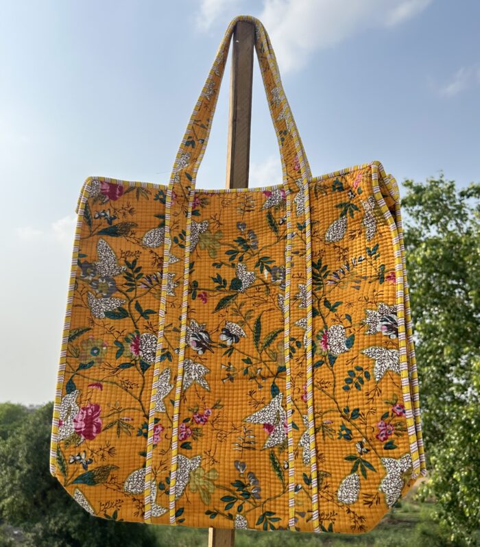 Jaipuri Handmade Floral Print Quilted Shopping Shoulder Bag, Tote Bag, Pure Cotton Quilt, with Zipper Closer.