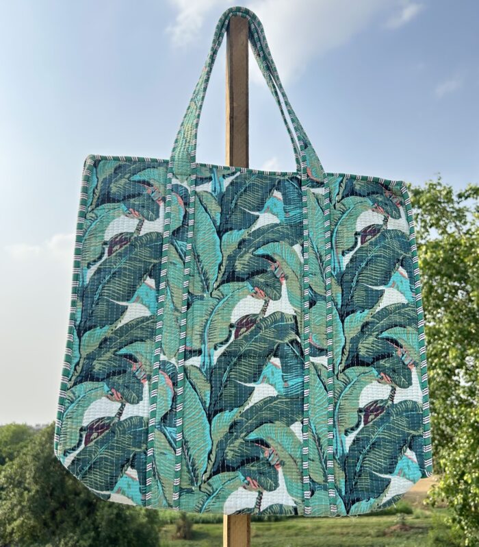 Jaipuri Handmade Floral Print Quilted Shopping Shoulder Bag, Tote Bag, Pure Cotton Quilt, with Zipper Closer.