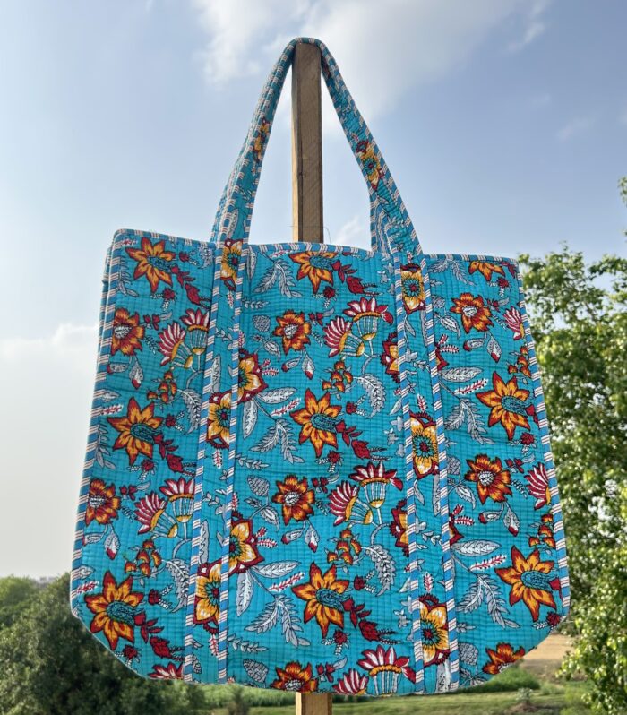 Jaipuri Handmade Floral Print Quilted Shopping Shoulder Bag, Tote Bag, Pure Cotton Quilt, with Zipper Closer.