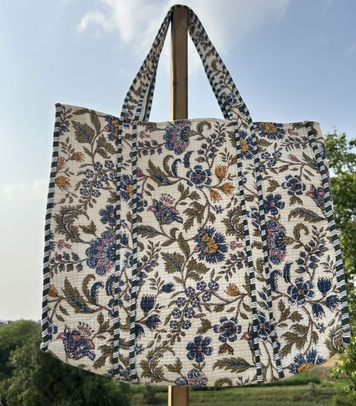 Jaipuri Handmade Floral Print Quilted Shopping Shoulder Bag, Tote Bag, Pure Cotton Quilt.