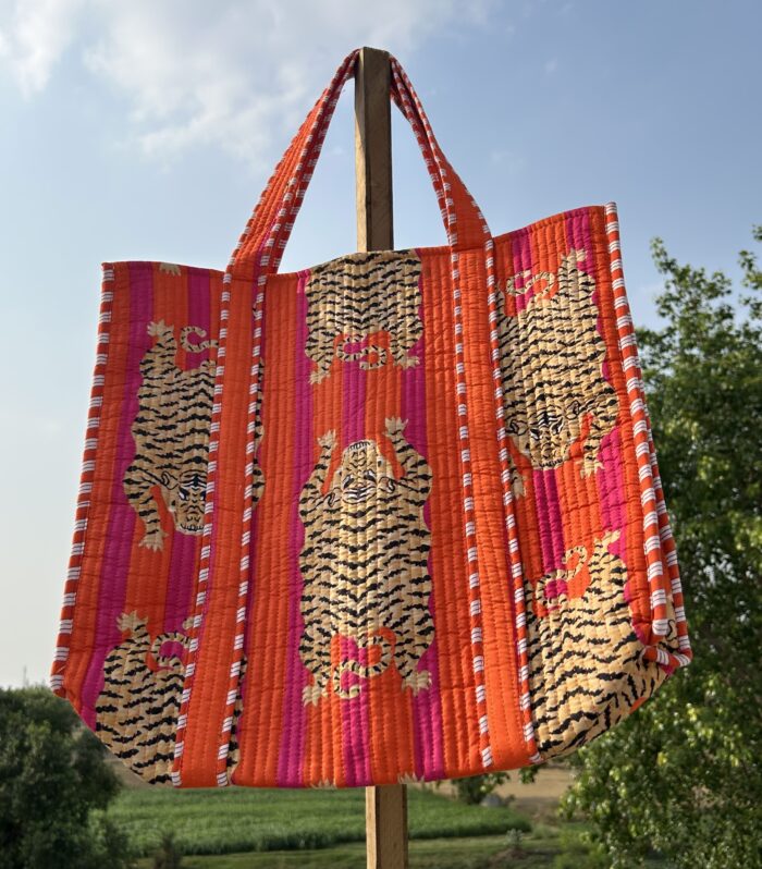 Jaipuri Handmade Bold Tiger Motifs and Colorful Stripes Quilted Shopping Shoulder Bag, Tote Bag, Pure Cotton Quilt.