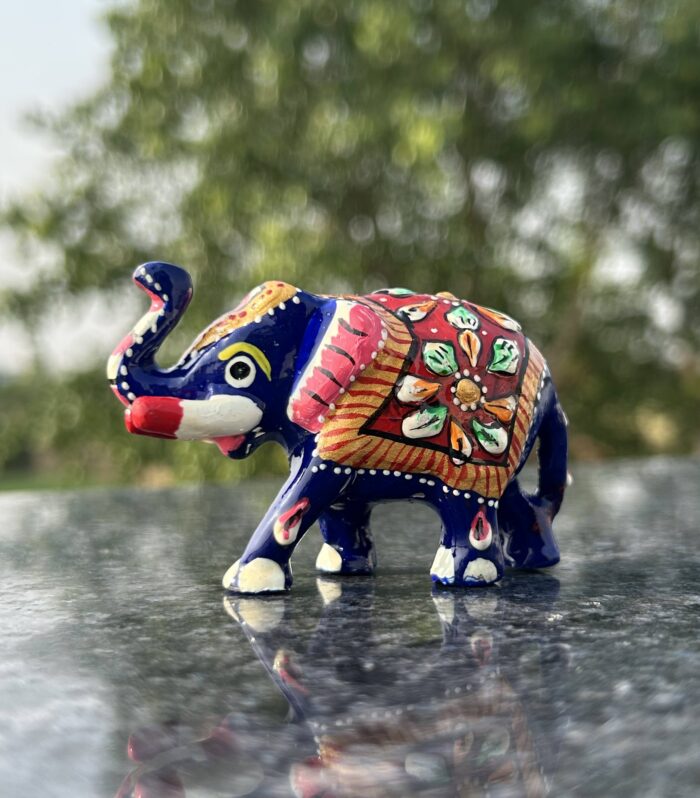 Hand-Painted Blue Elephant Figurine – Rajasthani Metal Craft, Decorative Elephant Statue with Intricate Floral Design