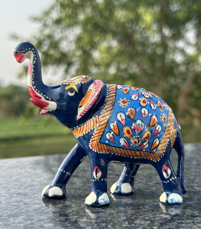 Hand-Painted Blue Elephant Figurine – Rajasthani Metal Craft, Decorative Elephant Statue with Intricate Floral Design
