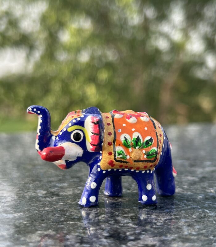 Hand-Painted Blue Elephant Figurine – Rajasthani Metal Craft, Decorative Elephant Statue with Intricate Floral Design