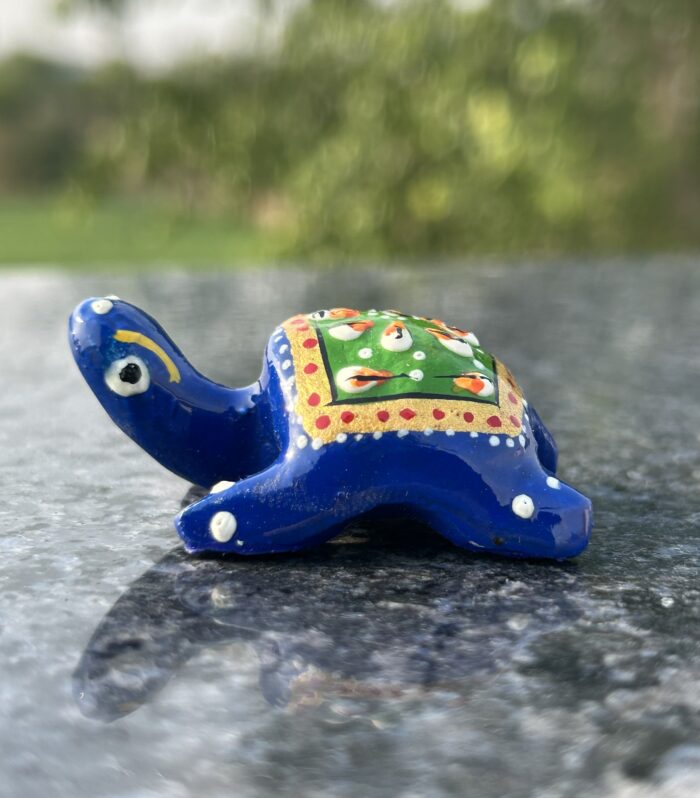 Hand-Painted Blue Turtle Figurine – Rajasthani Miniature Home Decor, Good Luck Charm